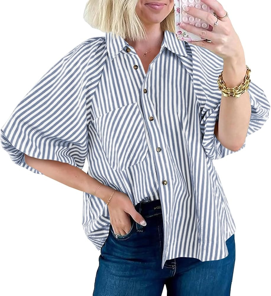 Tankaneo Womens Short Puff Sleeve Button Down Shirts Striped Trendy Casual Loose Fit Blouse V Nec... | Amazon (US)