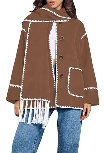 Angashion Women's Embroidered Scarf Jacket - Oversized Button Down Woolen Long Sleeve Winter Coat with Tassel Scarf Camel S | Amazon (US)