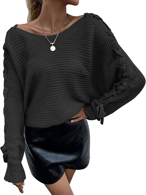 PRETTYGARDEN Women's Fall Sweater Oversized Crewneck Batwing Sleeve Lace Up Chunky Pullover Jumper T | Amazon (US)