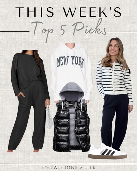 This Week’s Top 5 Picks! 

Amazon striped top
Amazon lounge set
Amazon shine puffer vest
Amazon New York crewneck 
Adidas Sneakers 

#LTKsalealert #LTKstyletip #LTKfindsunder50