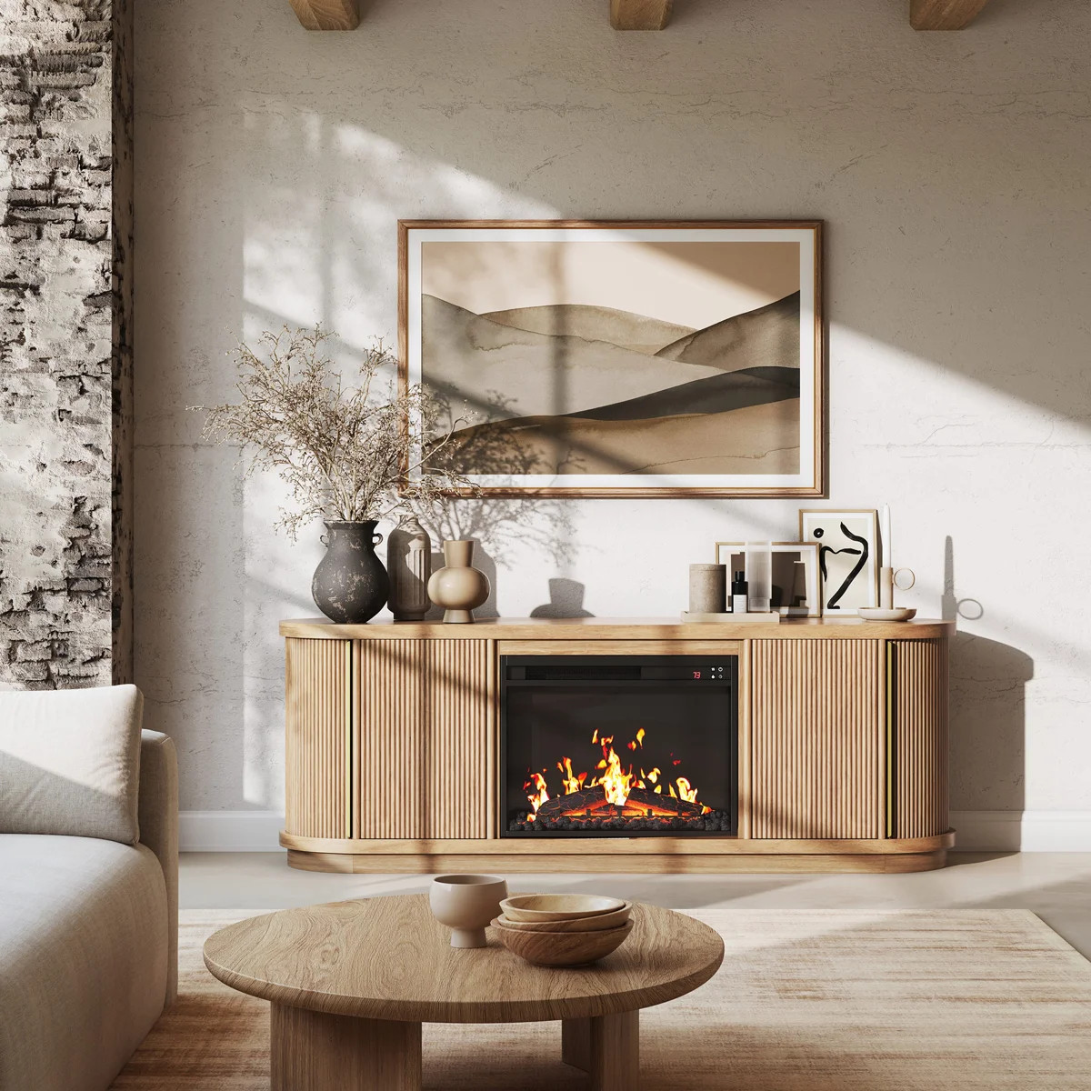 67" TV Stand with Electric Fireplace for TV up to 75", Camel | Wayfair North America