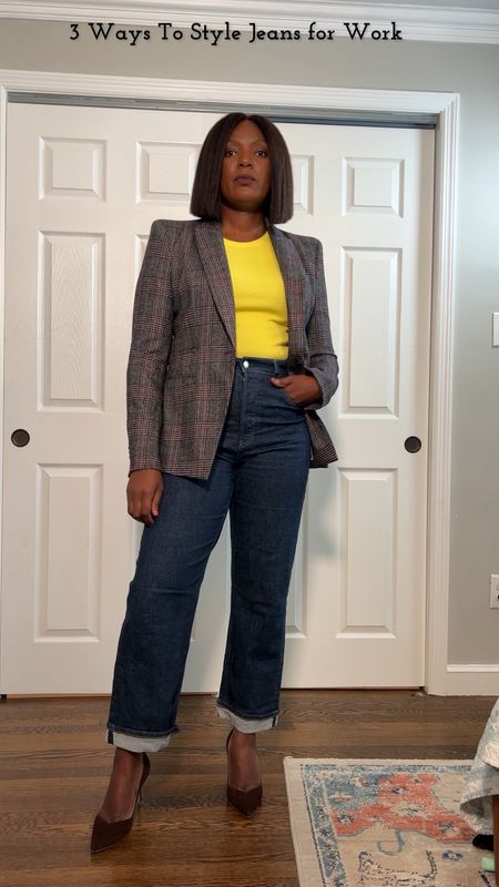 Styling denim for the office 
How to style denim 
Mom jeans, mom outfit, casual outfit, workwear 
Wearing size 10 