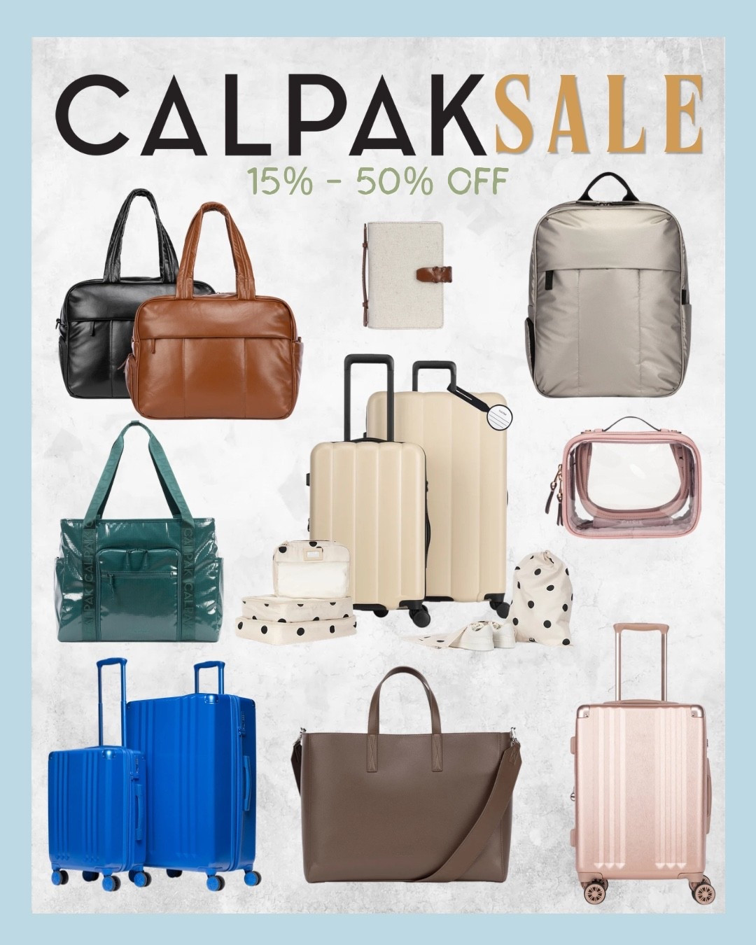 CalPak Sale Alert 🚨 up to 50% off luggage, duffels, packing cubes, toiletry bags & more

If you’ve been eyeing CalPak, now’s the time — their site-wide sale is 15-50% off EVERYTHING in the travel space: luggage, cosmetic/toiletry bags, passport holders, laptop/computer bags, personal item bags, and full sets.

🧳 SETS ARE 50% OFF — best time to snag a matching luggage + packing cube set
🎒 My ride-or-die personal item, the CalPak Luca Duffel, is also on sale — it’s the perfect carry-on-friendly duffel bag if you’re trying to pack light (you know how I feel about traveling with just a carry-on 👀)

Linking my favorites below — luggage sets, the Luca duffel, toiletry bags, and passport holders, all discounted 🔗

Shop the CalPak sale via my LTK before it ends!

#CalPak #CalPakSale #CarryOnQueen #TravelBag #PackingTips #LuggageSale #CarryOnTravel #TravelEssentials #DuffelBag #PackingCubes #TravelGear #LTKSale #ToiletryBag #PassportHolder

#LTKTravel