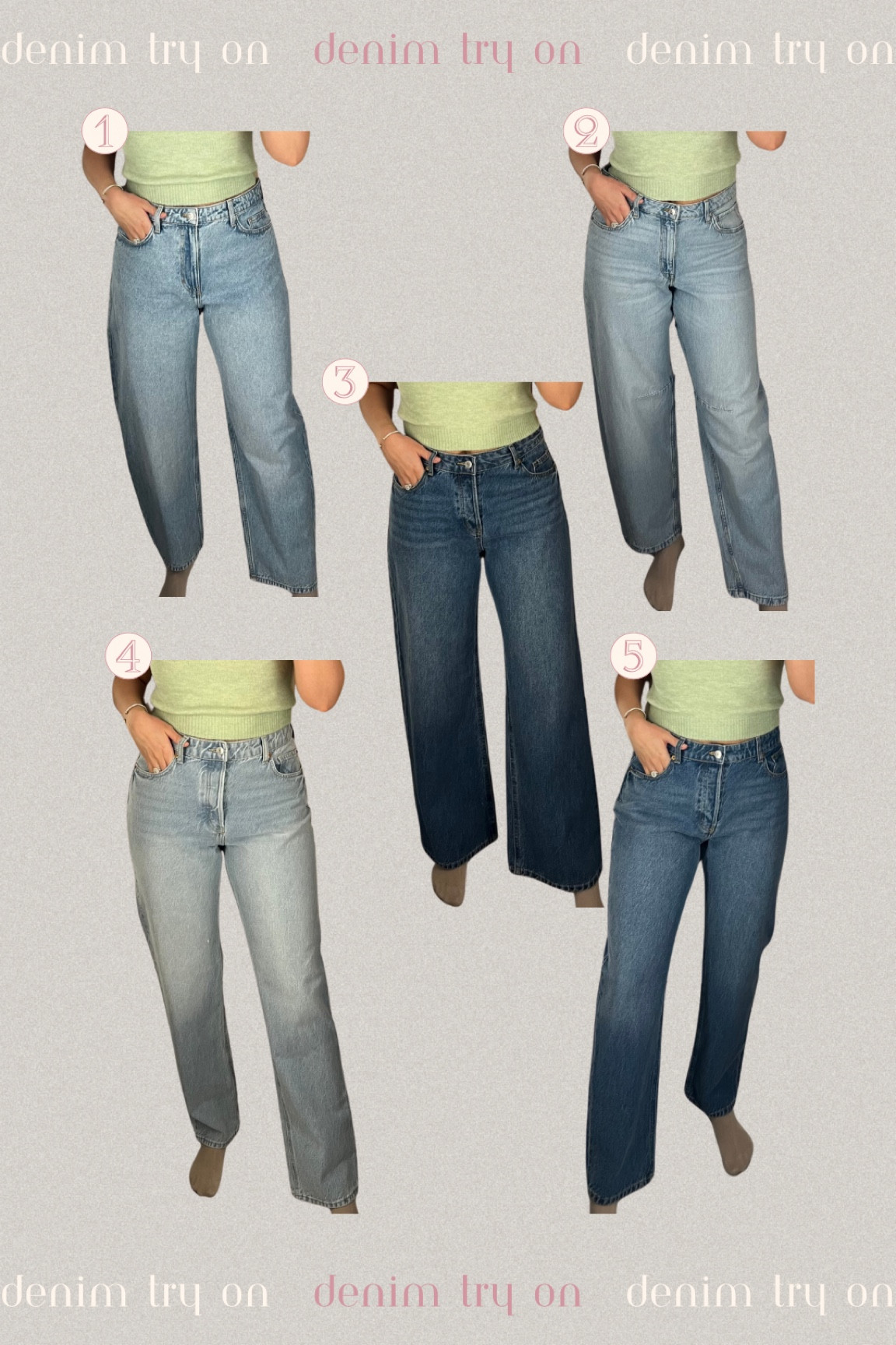 1. High Rise Barrel - US8 ; 2. Regular Barrel - US10 ; 3. Wide-cut Jeans - US10 ; 4. Straight Jeans - US10 ; 5. Straight Jeans - US10