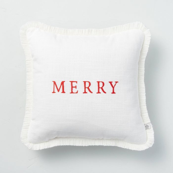 14" x 14" Merry Embroidered Seasonal Throw Pillow Red/Cream - Hearth & Hand™ with Magnolia | Target