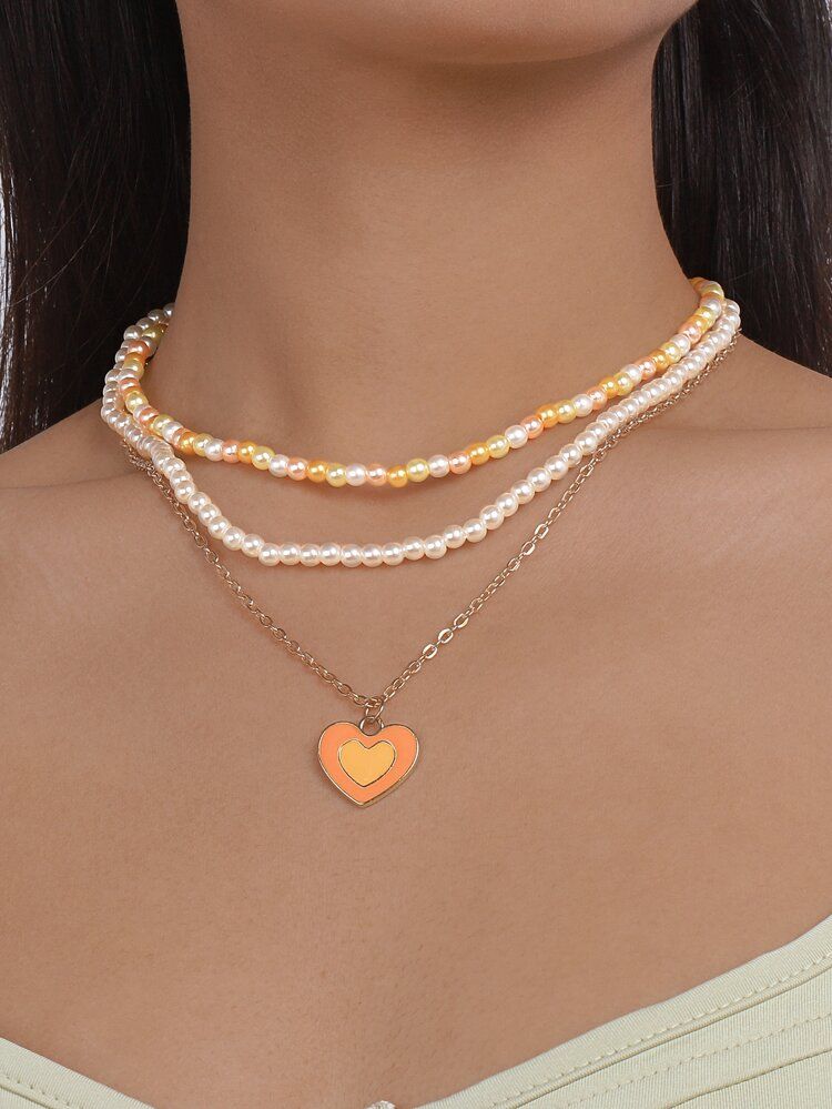 3pcs/set Fashion Heart Pendant Faux Pearl Beaded Necklace For Women For Daily Decoration | SHEIN