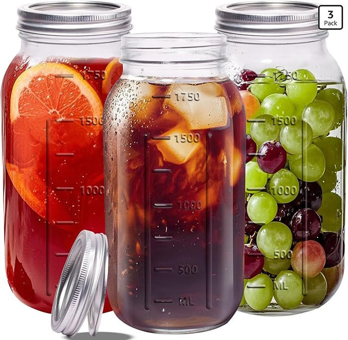 eleganttime 64 oz Mason Jar Wide Mouth 3 Pack,Large Half Gallon Mason Jar with Airtight Lid,Big 1... | Amazon (US)