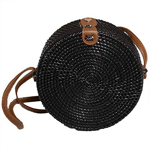 Kbinter Handwoven Round Rattan Straw Bag for Women Shoulder Leather Button Straps Natural Chic Handmade Boho Bag Bali Purse, Black, Large | Amazon (US)