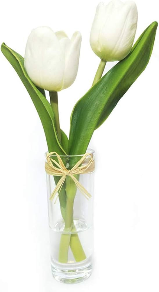 Mini Artificial Flowers Tulips Bouquet in Glass Vase, Home Decor Ornament Wedding Decoration (Whi... | Amazon (US)