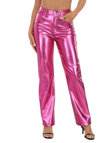 HDE Women's Shiny Metallic Faux Leather Pants High Waisted Straight Leg Trousers Hot Pink - 10 | Amazon (US)