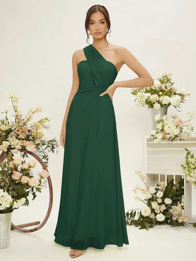 SHEIN 1pc Solid One Shoulder Bridesmaid Dress | SHEIN