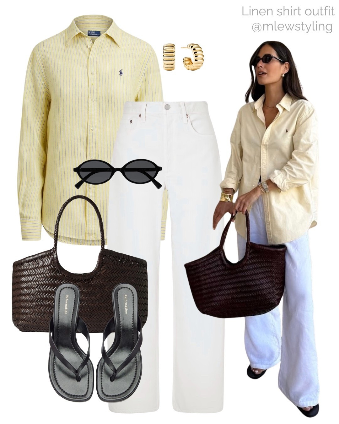 Yellow linen shirt outfit 💛

Inspired by @lglora 
Tags: spring outfit, agolde wide leg jeans, white denim, Miu Miu sunglasses, reformation thong sandals, dragon diffusion leather tote bag, Mejuri gold earrings, polo Ralph Lauren linen button down, capsule wardrobe, casual workwear, office outfit 

#LTKWorkwear #LTKgrwm #LTKootd