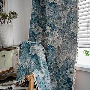 Beige Tasseled Boho Linen Curtain Navy Cosmos Drape for Dining Living Room Rod Pocket Print Windo... | Amazon (US)