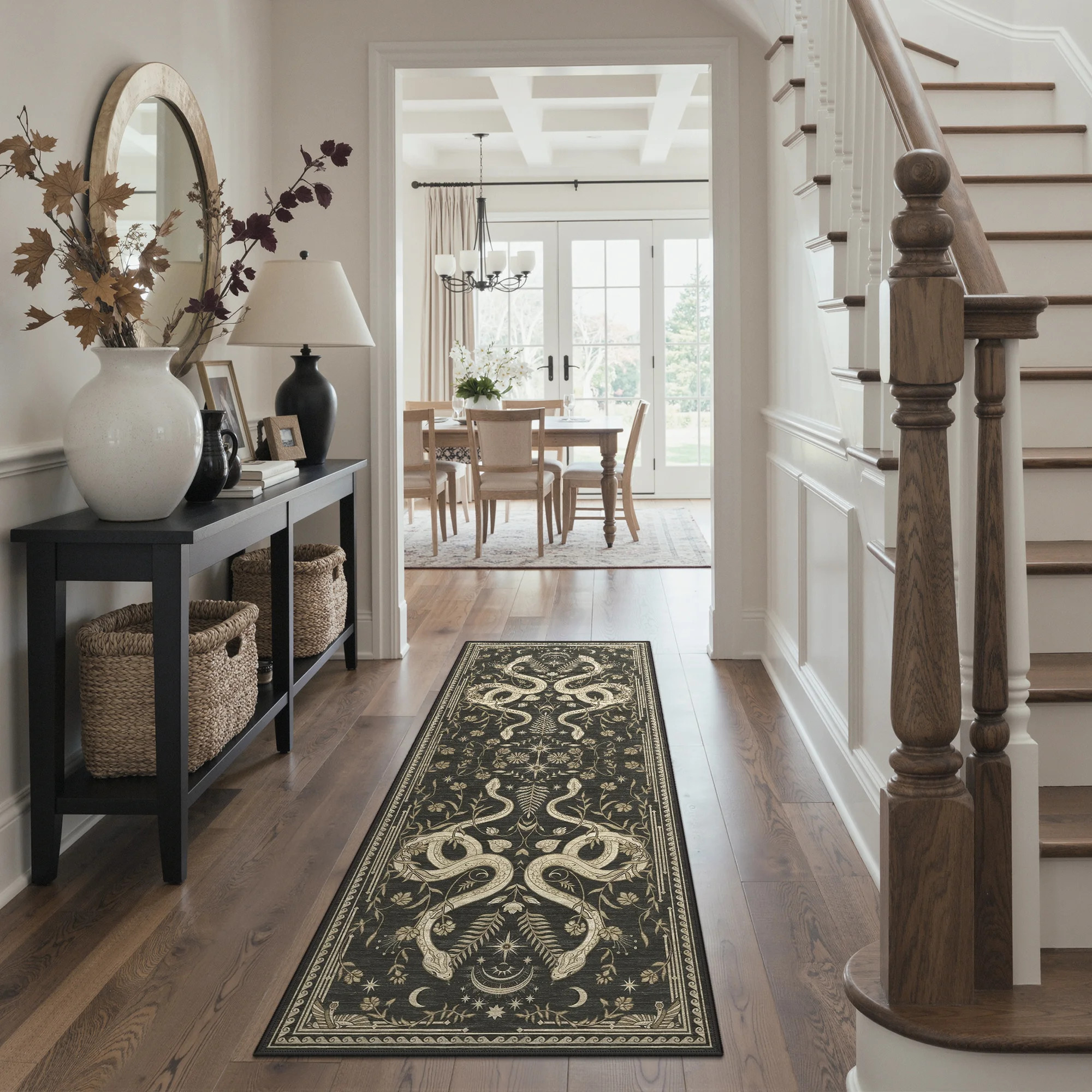 Whimsigoth Dark Gothic Mystic Snake Moon Star Vintage Machine Washable Non Slip Stain Resistant Beige Black Area Rug | Wayfair North America