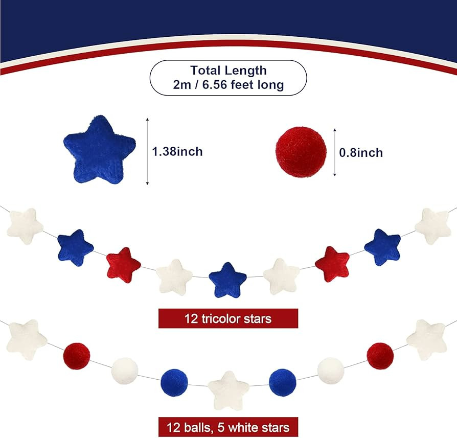 Tatuo 2 Pieces Patriotic Felt Star Garland 4th of July Banner Decorations Red White Blue Hanging ... | Amazon (US)