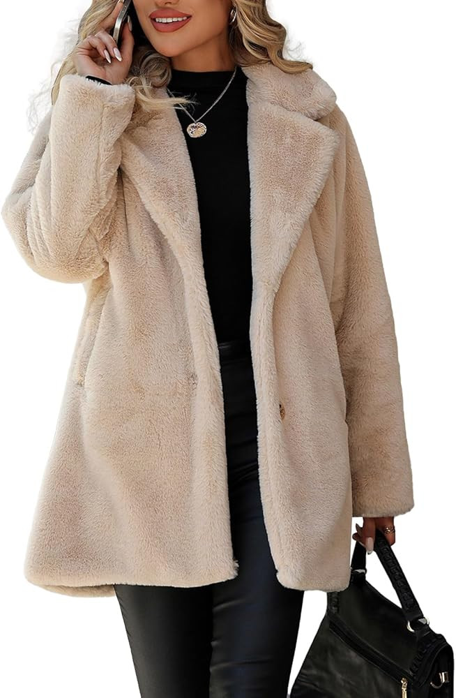Women's Faux Fur Long Coat Button Down Lapel Fleece Sherpa Jacket | Amazon (US)