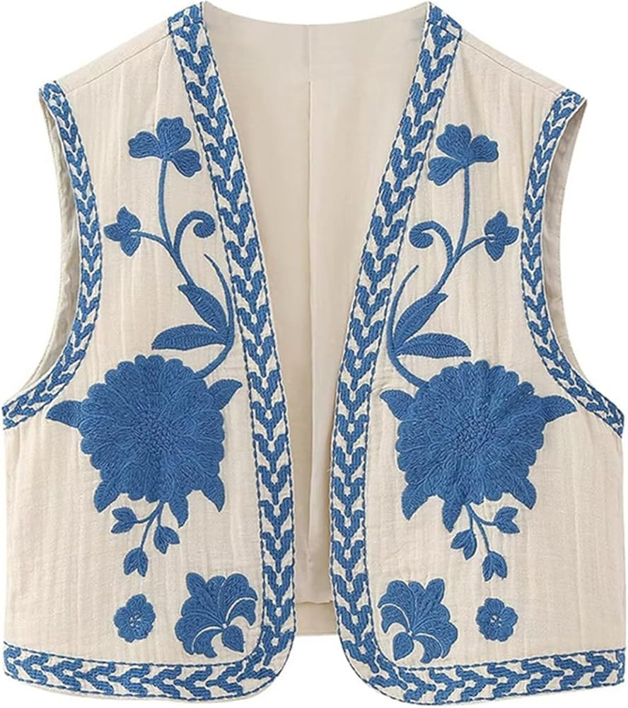 NUFIWI Women Vintage Embroidered Floral Vest Top Y2k Sleeveless Open Front Crop Vest Boho Floral ... | Amazon (US)