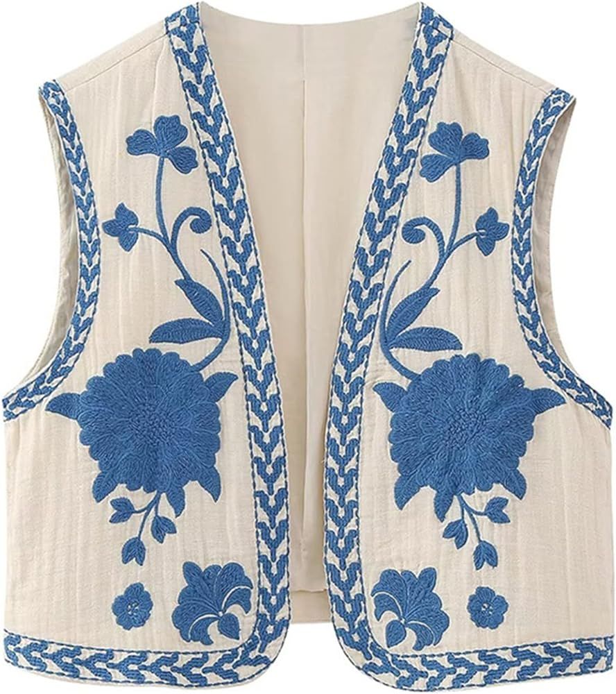 Women Embroidered Vest Y2k Vintage Floral Sleeveless Open Front Cardigan Flower Print Top Dating ... | Amazon (US)