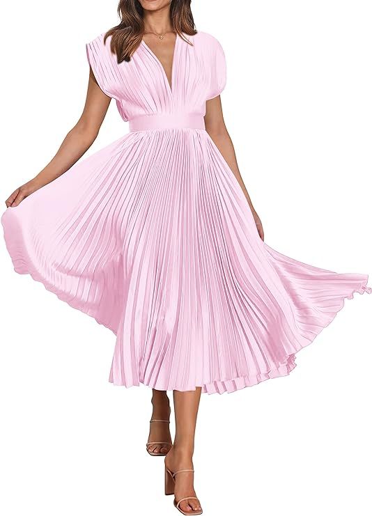 MASCOMODA Elegant Satin V Neck Pleated Midi Dress Short Sleeve Formal High Waisted Flowy Long Sum... | Amazon (US)