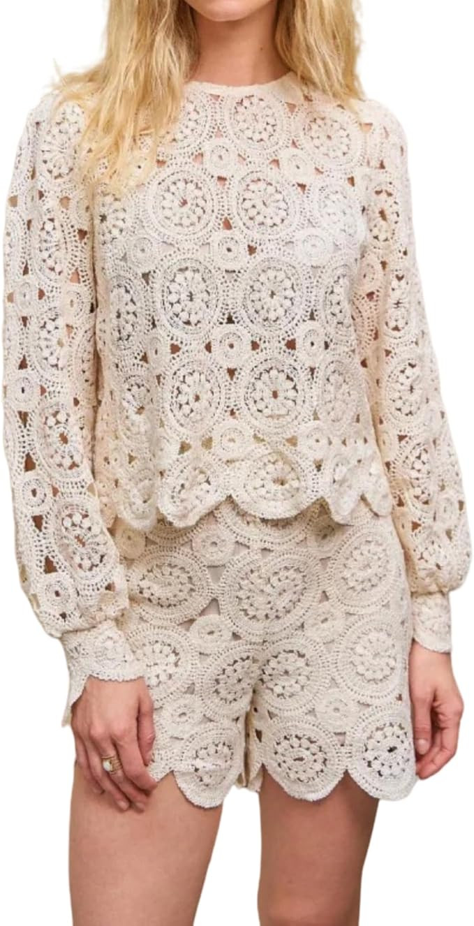 2 Piece Sets for Women Long Sleeve Hollow Out Crochet Tops and Shorts Trendy 2 Piece Lounge Set f... | Amazon (US)