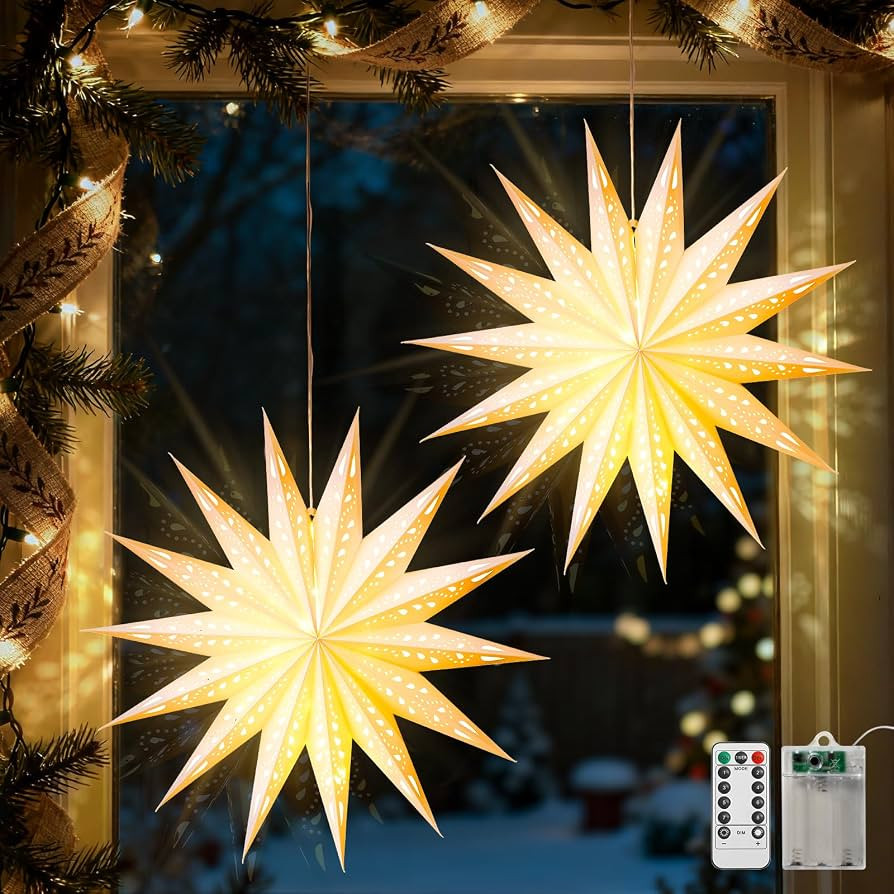 Luxspire 2 Pack Christmas Paper Star Lantern, 21.7" Hanging Paper Lights with LED Light Beads Rem... | Amazon (CA)