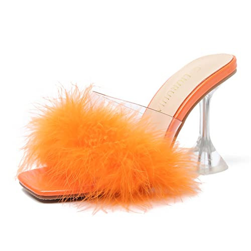 LIURUIJIA Women's Square Toe Feather Fluffy Fuzzy Heels High Heeled Dress Sandals Wedding Bridal Party Shoes Orange 41 US 8.5 | Amazon (US)