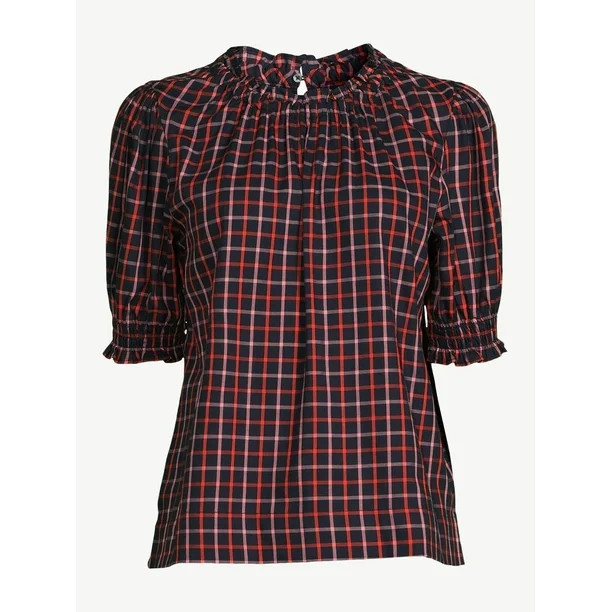 Free Assembly Women's Plaid Ruffle Neck Top with Short Puff Sleeves, Sizes XS-XXL - Walmart.com | Walmart (US)