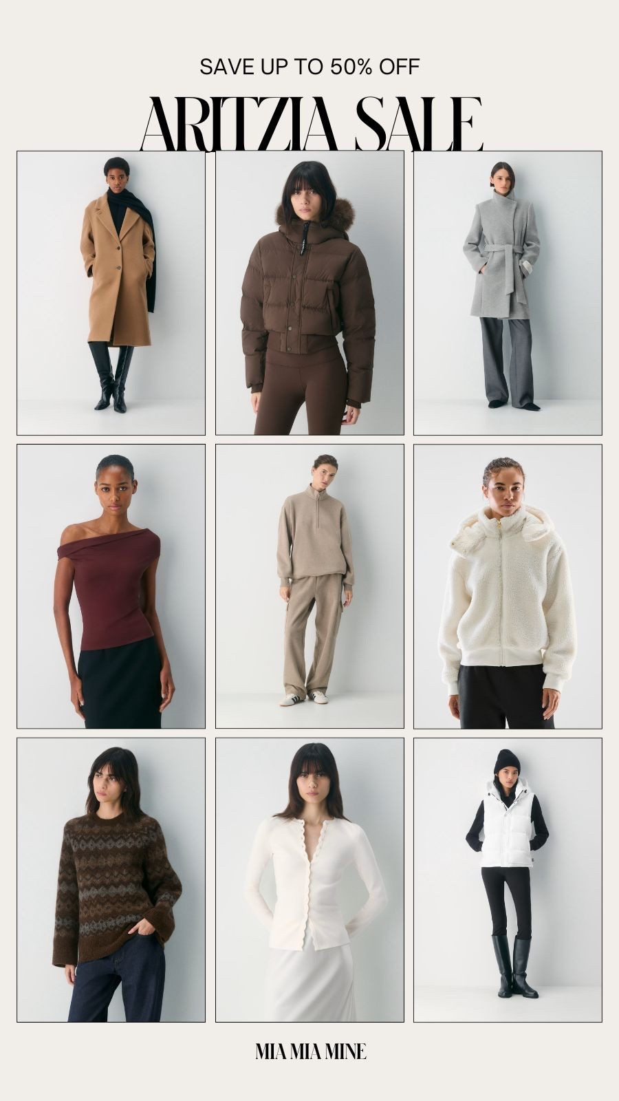 Aritzia winter sale
Save 20-50% off winter coats, lounge sets, puffer vests, puffer coats and winter staples 



#LTKSeasonal #LTKFindsUnder100 #LTKSaleAlert