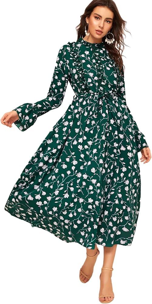 Women's Ditsy Floral Print Flounce Sleeve Belted High Waist Elegant Dress | Amazon (US)