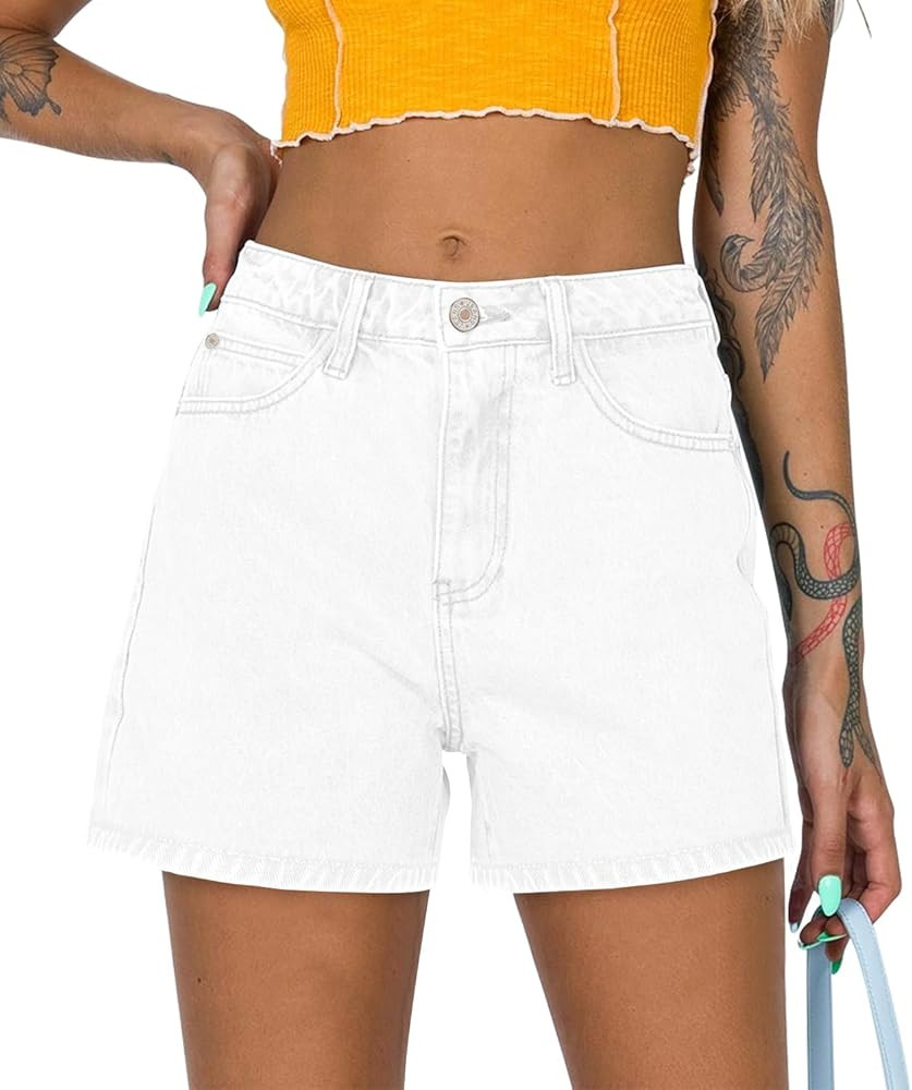 onlypuff Women Denim Shorts Ripped Mid Waisted Jean Shorts with Pockets | Amazon (US)