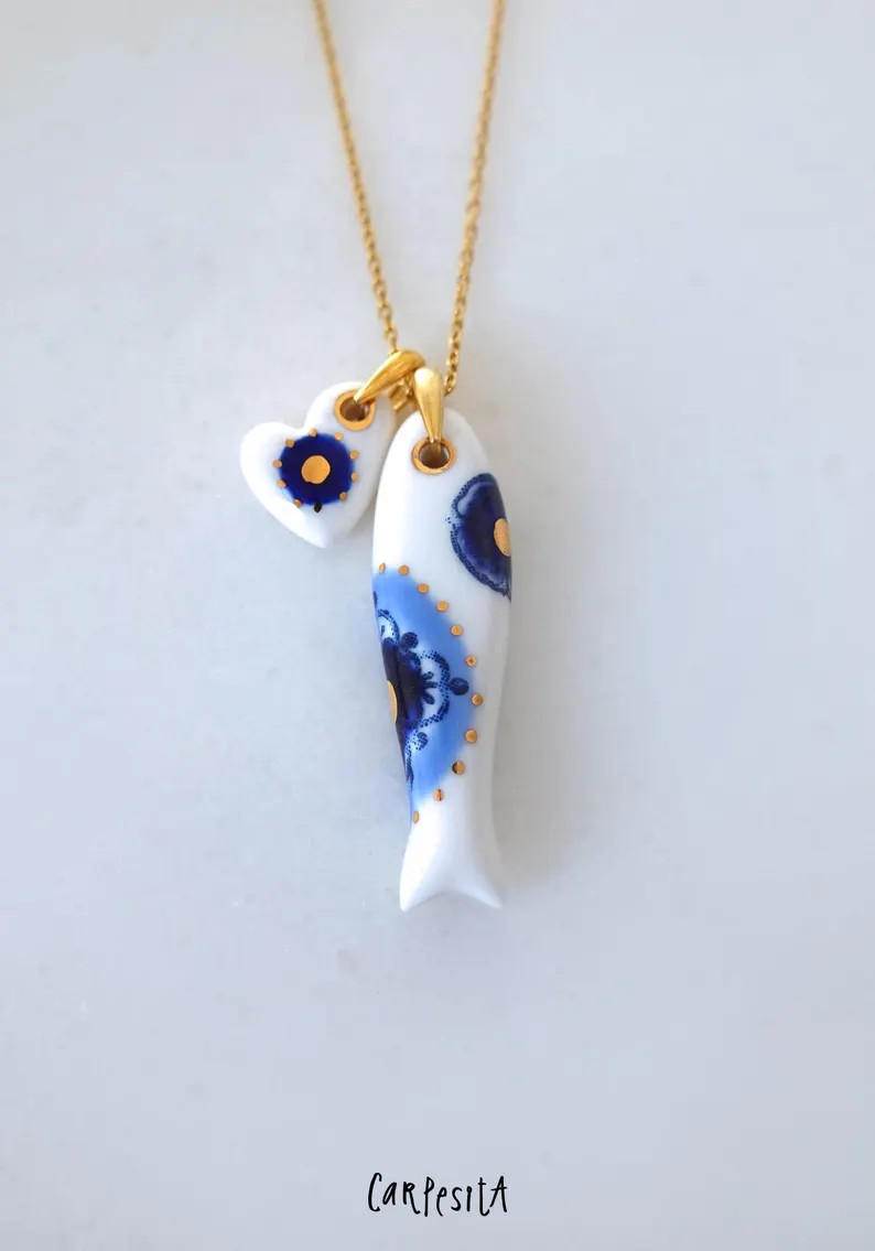 Porcelain Sardine Necklace, Evil Eye Heart, Fish Jewelry - Etsy | Etsy (Global)