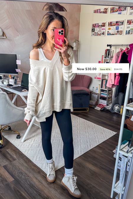 Oversized v neck sweatshirt on sale at Aerie - 45% off! 

White tank top // athleisure outfit // black leggings from Amazon // spring outfit // oversized sweatshirt on sale 

#LTKfindsunder50 #LTKsalealert #LTKstyletip