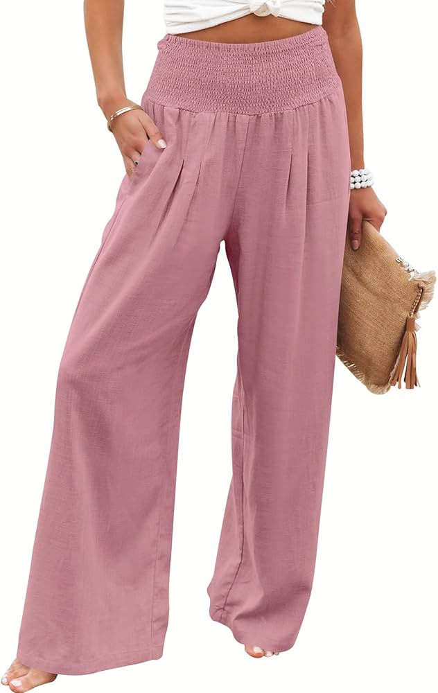 ANRABESS Women Linen Palazzo Pants Summer Boho Wide Leg High Waist Casual Lounge Pant Trousers wi... | Amazon (US)