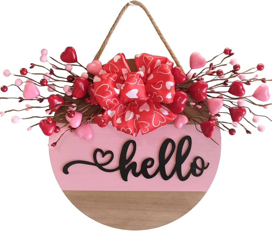 Valentine's Day Wooden Wreaths Sign with Artificial Berry Decoration, Hearts and Buffalo Bow Farm... | Amazon (US)