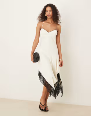 ASOS DESIGN cami cream slip dress with black contrast lace and hanky hem | ASOS (Global)