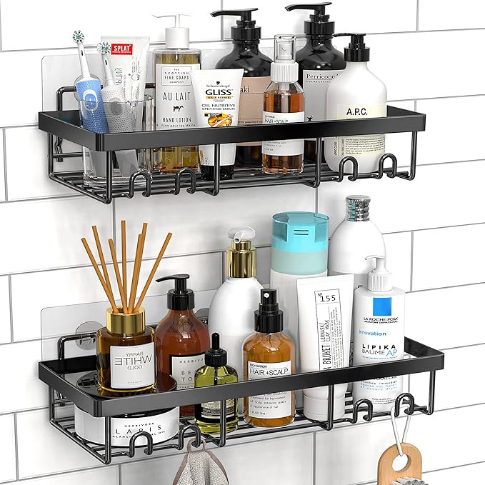 MOFOROCO Shower Caddy Shelf Organizer Rack(2Pack), Self Adhesive Black Bathroom Shelves Basket In... | Amazon (US)