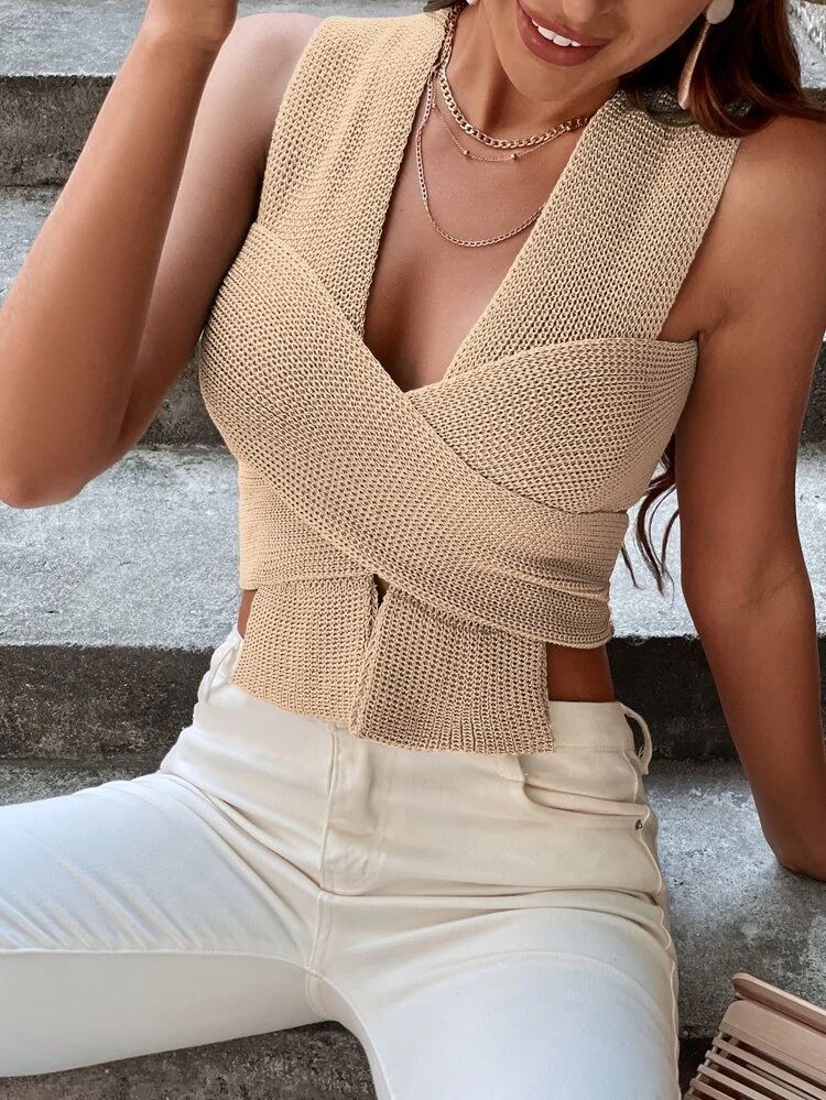 Wrap Knot Back Crop Knit Top | SHEIN