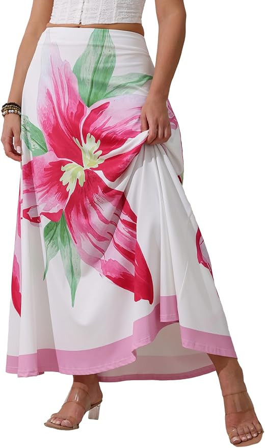 Women's Printed Midi Skirt High Waist Flowy A-Line Skirt for Casual Wear,Vacation,Daily Outfits | Amazon (US)