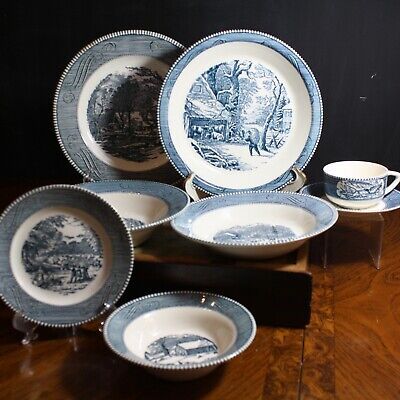 Royal China Currier and Ives Dinnerware Blue & White Various Pieces Plate, Bowl | eBay US