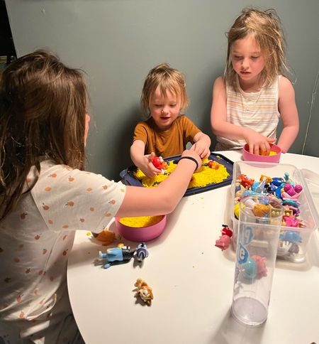 Morning Activity: playing with Pluffle sensory bin filler with characters from Bluey, Sesame Street and Daniel Tiger, while wearing biker sets and tank top + short sets from Goumi Kids 

#LTKfamily #LTKFind #LTKkids