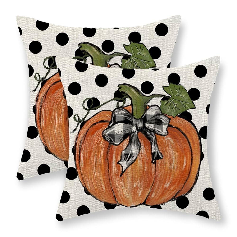 Fall Pillow Covers 18x18 Set of 2 Pumpkin Maple Leaves and Polka Dot Fall Decor Pillowcase Linen ... | Amazon (US)