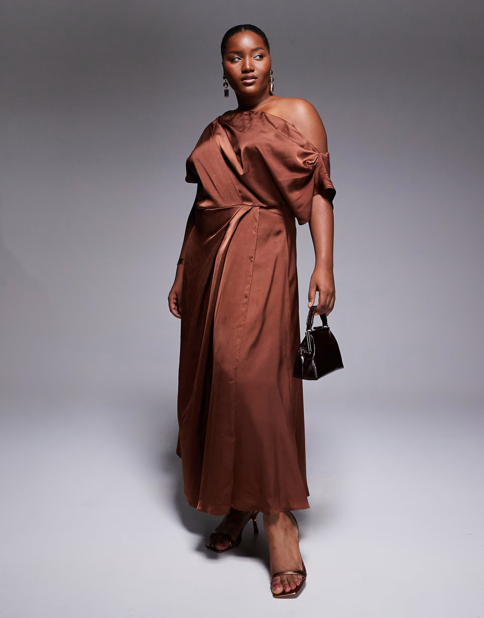 ASOS DESIGN Curve exclusive satin fallen shoulder side slit midi dress in chocolate | ASOS | ASOS (Global)
