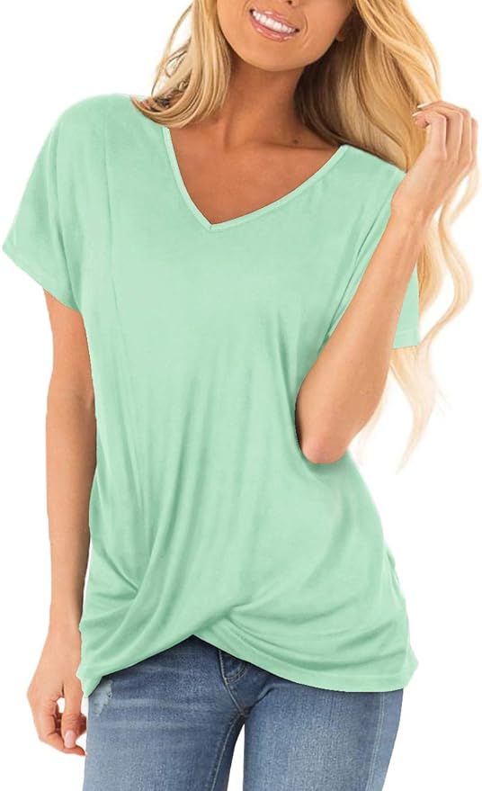Sieanear Womens T Shirts Short Sleeve V Neck Solid Color Twist Knotted Summer Casual Tops | Amazon (US)