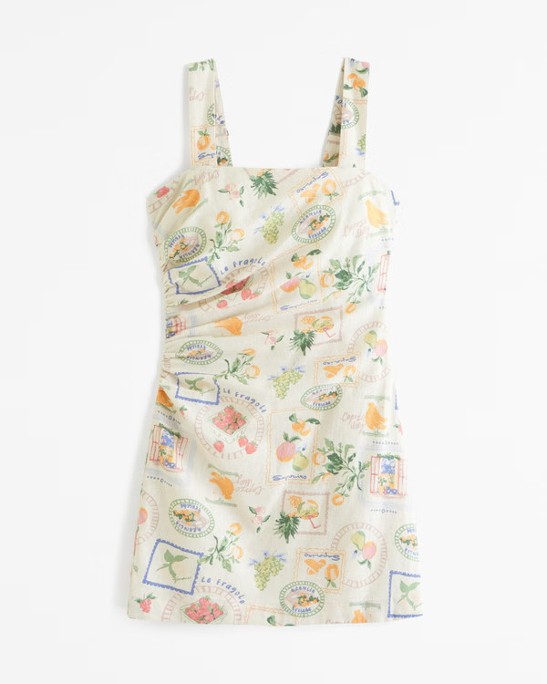 Linen-Blend Ruched Squareneck Mini Dress | Abercrombie & Fitch (US)