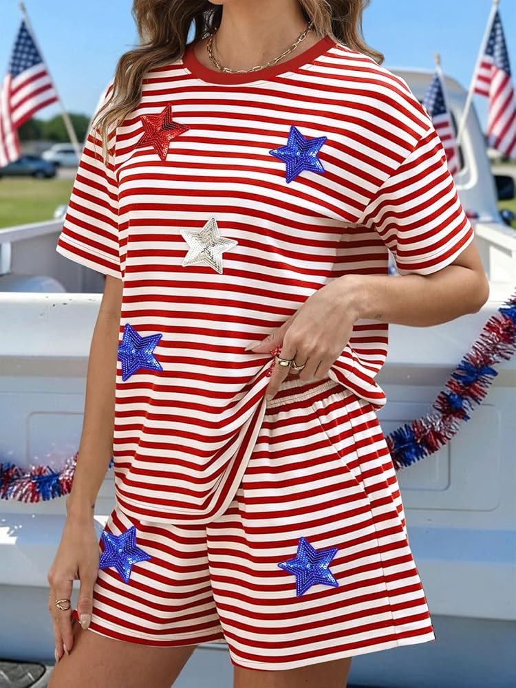 4th of July 2 Piece Outfits for Women Patriotic Shirts USA Short Sets Sequin Stars and Stripes Lo... | Amazon (US)