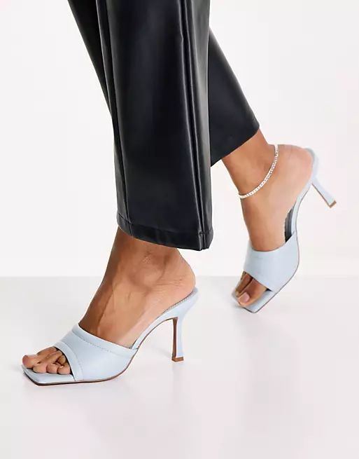 ASOS DESIGN Harvey mid heeled mule sandals in blue | ASOS (Global)