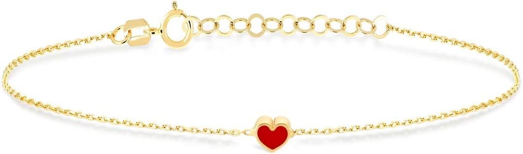 14k Solid Gold Heart Bracelet | 14k Yellow Gold Mini Heart Chain Bracelets for Women | Red, Navy ... | Amazon (US)