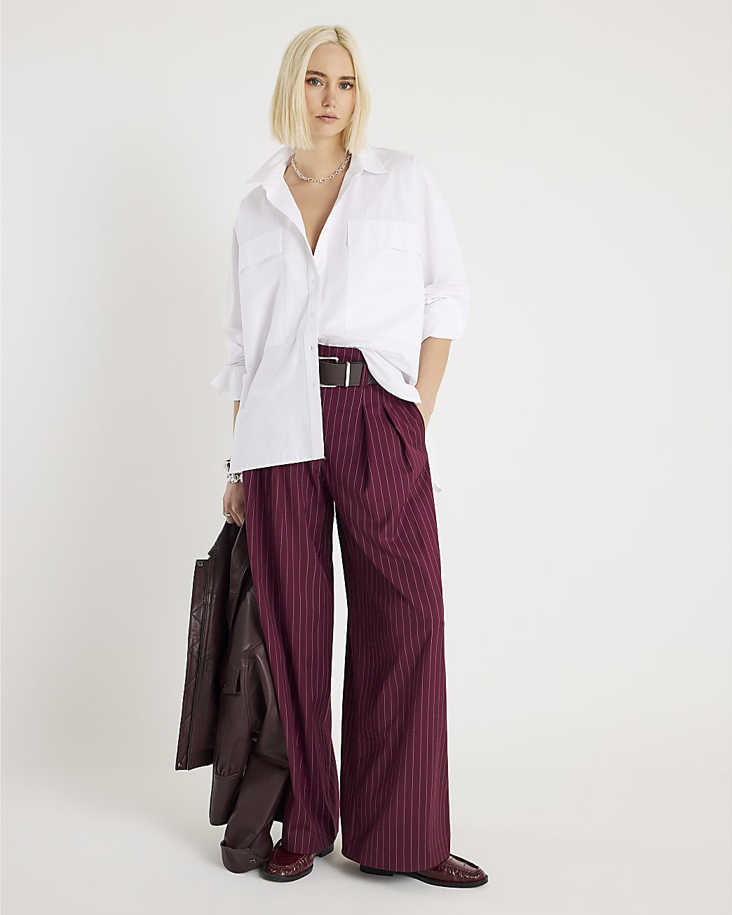 Red Pinstripe Ultra High Waist Trousers | River Island UK & IE