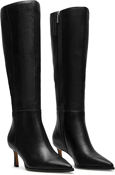 MICIFA Burgundy Kitten Heel Knee High Boots for Women Side Zipper Tall Leather Boots Pointed Toe ... | Amazon (US)