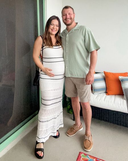 Date night outfit / elevated beachfront dining vibes - our outfits are currently on sale too! // bump friendly dress / crochet dress / beach dress / beach outfit dressy / we are both wearing our true size in all of these pieces 

#LTKFamily #LTKBump #LTKMidsize